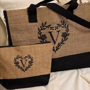 Stylish Burlap Jute Tote & Pouch Set with Black Embroidered Initial V 2 pcs  New
